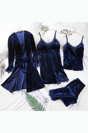 4 Lü Saks Mavisi Güpür Detaylı Kadife Pijama Takımı 5206 - 1