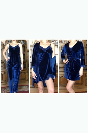 4 Lü Saks Mavisi Güpür Detaylı Kadife Pijama Takımı 5206 - 2