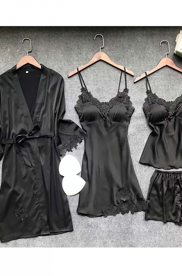 Siyah 4 lü saten sabahlıklı şortlu pijama seti 5442