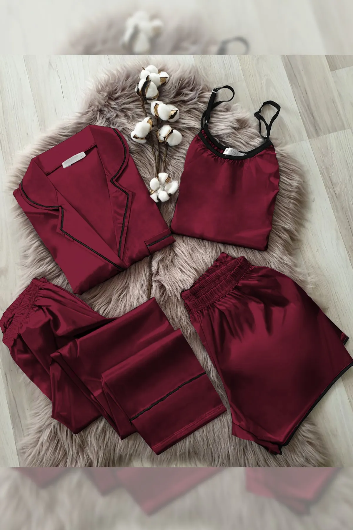 Pembishomewear - 4 Lü Fuşya Saten Pijama Takımı