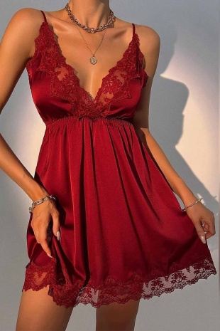 Carla bordo ipek saten askılı güpürlü gecelik 6154 - ÇeyizeDairHerşey