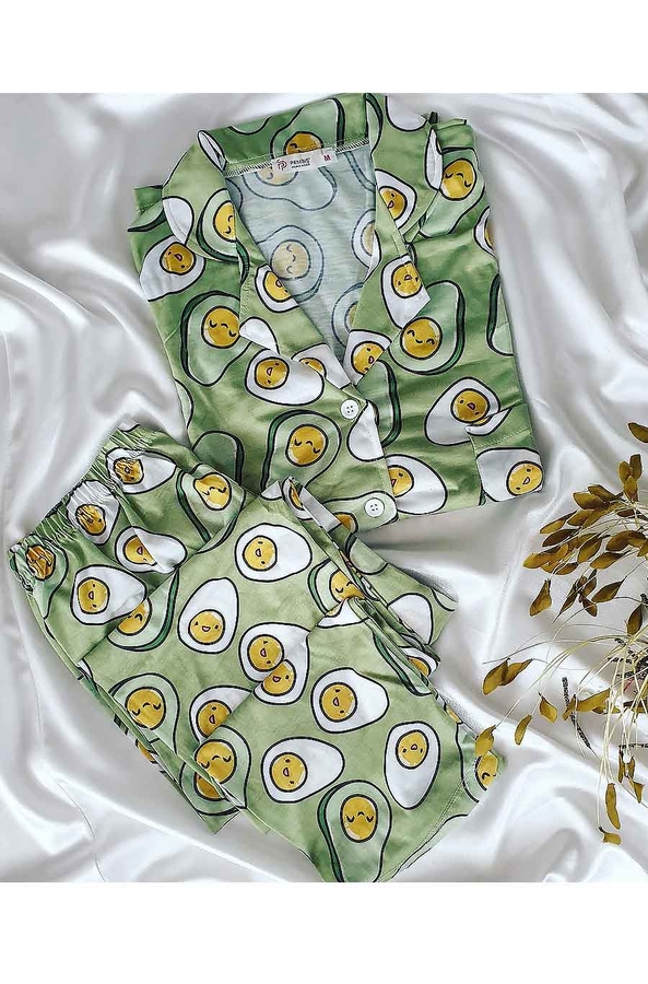 Avakado desenli uzun kollu yeşil penye pijama takımı 5207 - 1