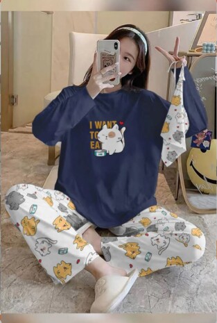 Bahd Cat42 Navy Süpersoft Kadın Pijama Takımı 6563 - Pembishomewear
