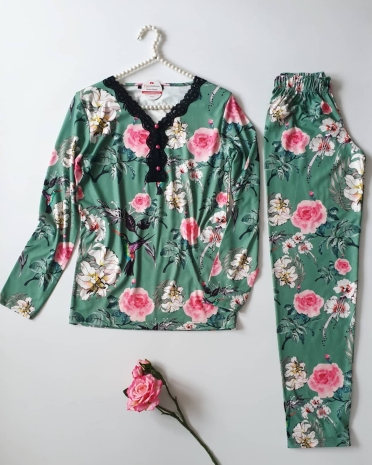 Penbe çiçekli penye uzun kollu bayan pijama takımı 5926 - Thumbnail