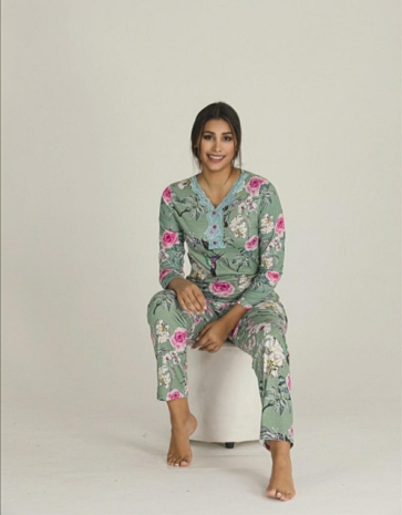 Penbe çiçekli penye uzun kollu bayan pijama takımı 5926 - Thumbnail