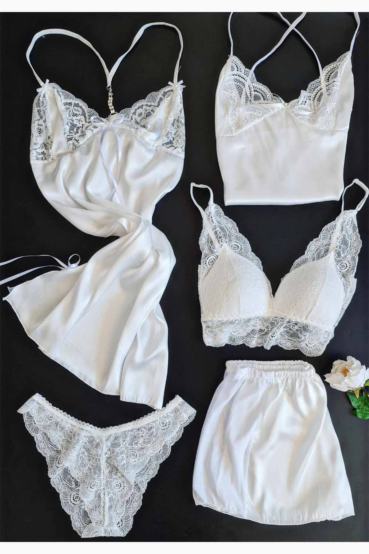 ÇeyizeDairHerşey - Beyaz saten 5 li gecelik şortlu set 6100