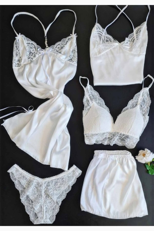 Beyaz saten 5 li gecelik şortlu set 6100 - ÇeyizeDairHerşey