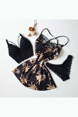 ÇeyizeDairHerşey - Black 3 lü saten gecelik ve sütyen set 5869