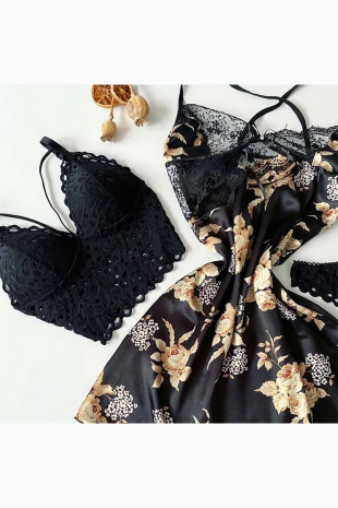 ÇeyizeDairHerşey - Black 3 lü saten gecelik ve sütyen set 5869 (1)