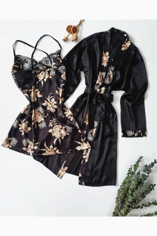 ÇeyizeDairHerşey - Black 4 lü saten gecelik ve şortlu çeyizlik set 5870 (1)