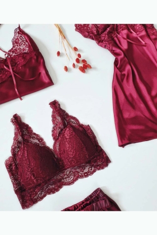 ÇeyizeDairHerşey - Bordo 5 li saten şortlu ve sütyen set 5862 (1)