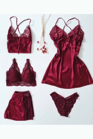 ÇeyizeDairHerşey - Bordo 5 li saten şortlu ve sütyen set 5862