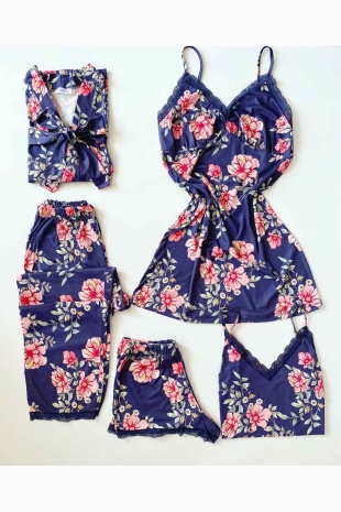 ÇeyizeDairHerşey - Lacivert 5 li pamuklu sabahlıklı pijama takımı 6115