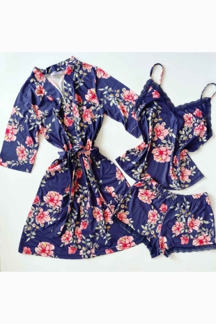 ÇeyizeDairHerşey - Lacivert 5 li pamuklu sabahlıklı pijama takımı 6115 (1)