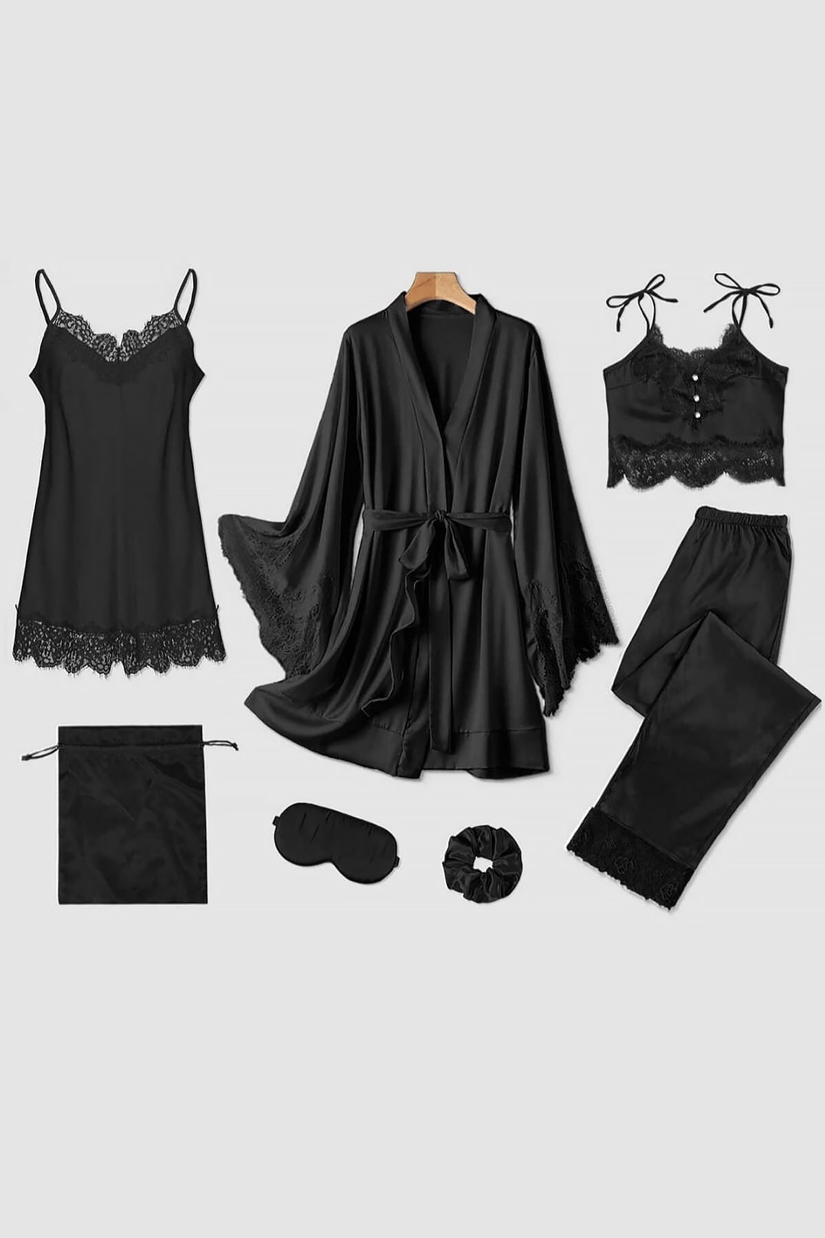 ÇeyizeDairHerşey - Siyah 7 parça saten sabahlıklı pijama takımı 6078