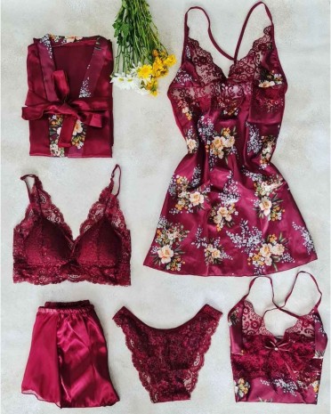 Bordo çiçekli saten 6 lı sabahlıklı gecelikli çeyiz seti 6435 - ÇeyizeDairHerşey