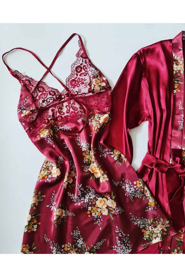 Bordo çiçekli saten sabahlıklı gecelikli kombin 6237