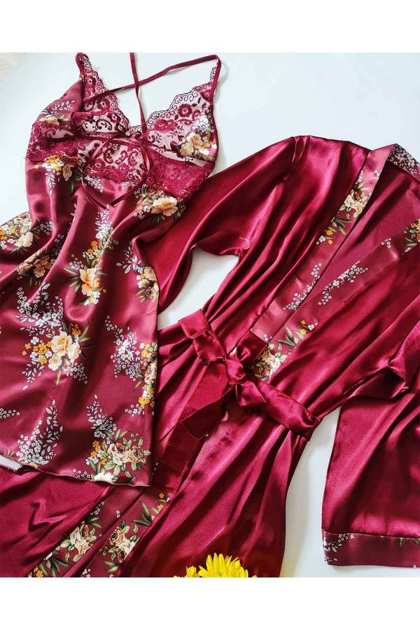Bordo çiçekli saten sabahlıklı gecelikli kombin 6237