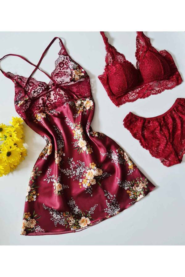 Bordo çiçekli saten 5 li sabahlıklı gecelikli çeyiz seti 6238