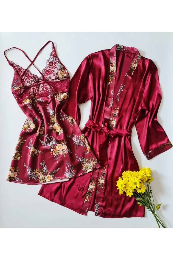 Bordo çiçekli saten 5 li sabahlıklı gecelikli çeyiz seti 6238
