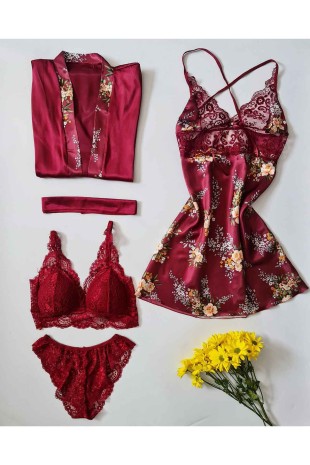 ÇeyizeDairHerşey - Bordo çiçekli saten 5 li sabahlıklı gecelikli çeyiz seti 6238