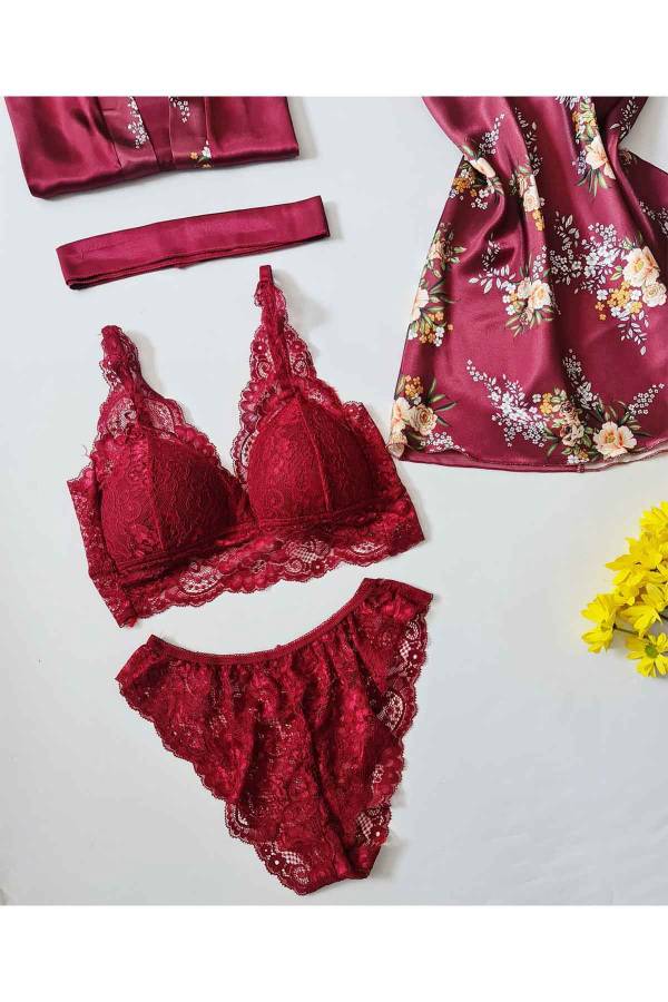 Bordo çiçekli saten 5 li sabahlıklı gecelikli çeyiz seti 6238