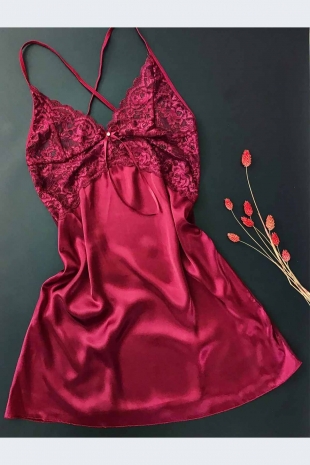 Bordo dantel detaylı saten gecelik 5771 - ÇeyizeDairHerşey