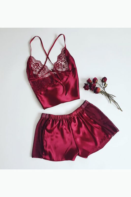 Bordo dantel detaylı saten şort takım 5865