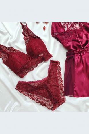 Bordo saten bralet kombinli 4 lü şort set 5772 - ÇeyizeDairHerşey (1)