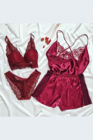 Bordo saten bralet kombinli 4 lü şort set 5772 - ÇeyizeDairHerşey