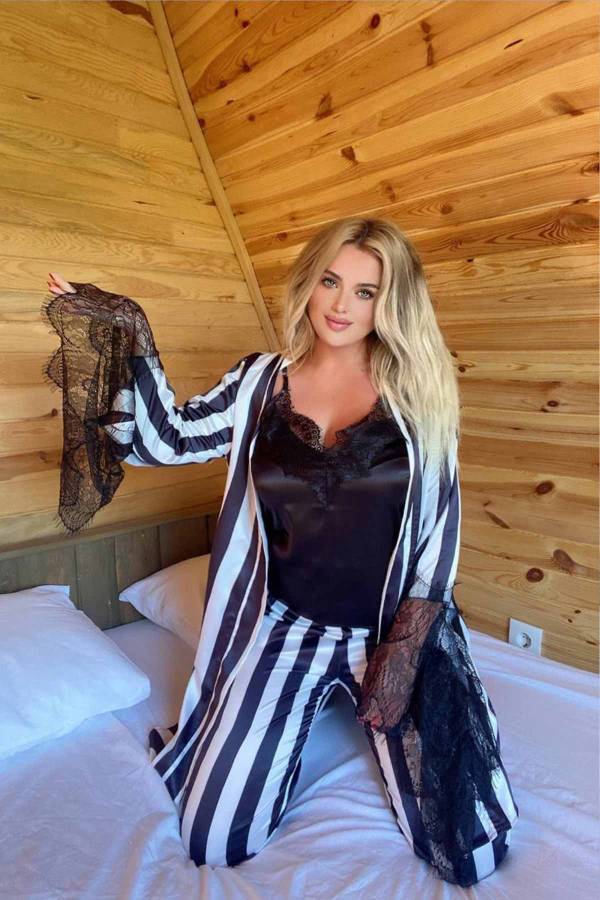 Nicole İpek saten çizgili sabahlıklı 7 li pijama seti 6162 - 1