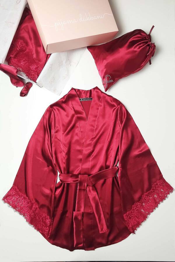 Bordo Saten 8 Li Gecelik Sabahlık Çeyiz Seti 6559 - 2