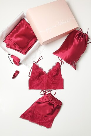 Bordo Saten 8 Li Gecelik Sabahlık Çeyiz Seti 6559 - 3