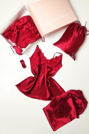 Bordo Saten 8 Li Gecelik Sabahlık Çeyiz Seti 6559 - 5