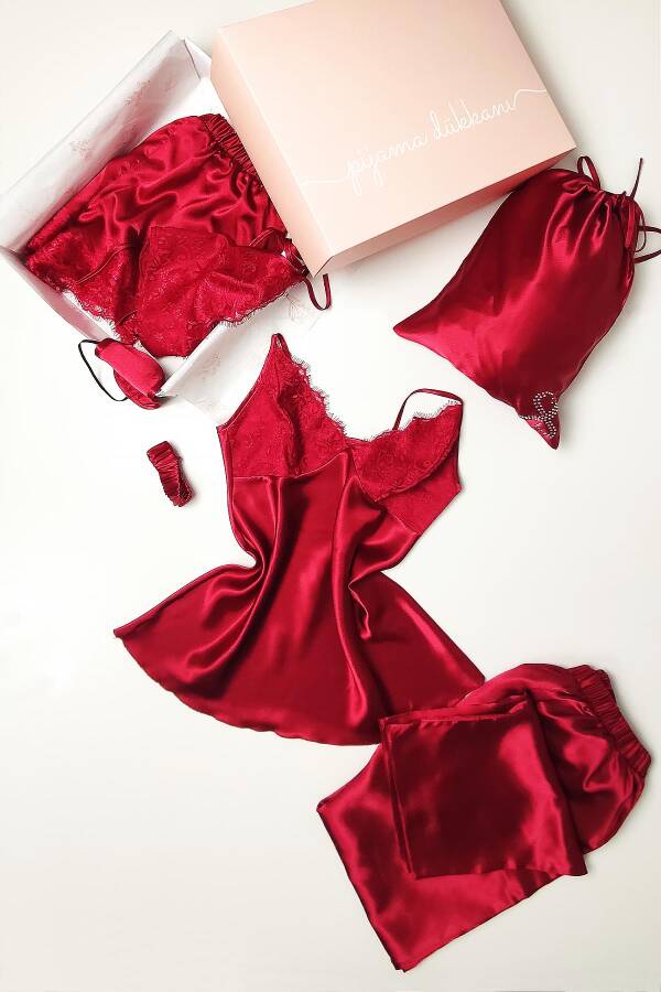 Bordo Saten 8 Li Gecelik Sabahlık Çeyiz Seti 6559 - 5