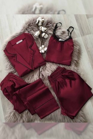 ÇeyizeDairHerşey - 4 Lü Bordo Saten Pijama Takımı 6145