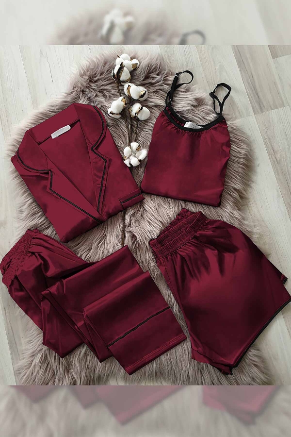 4 Lü Bordo Saten Pijama Takımı 6145