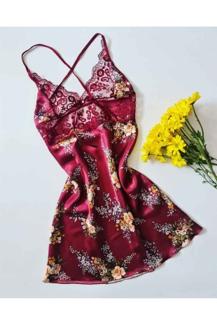 Bordo çiçekli saten gecelik 6235 - ÇeyizeDairHerşey