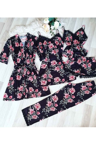 ÇeyizeDairHerşey - Siyah çiçekli sabahlıklı şortlu 5 li süprem penye pijama seti