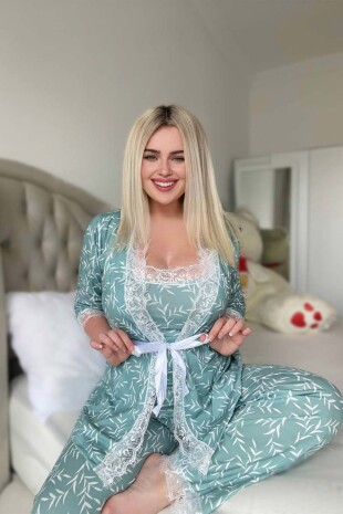 Dalidas Yeşil 3 lü penye sabahlıklı set 6468 - ÇeyizeDairHerşey