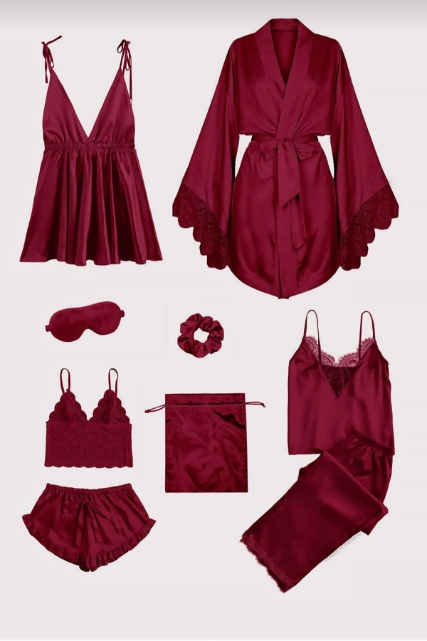 Bordo 9 parça saten sabahlıklı pijama takımı 6077