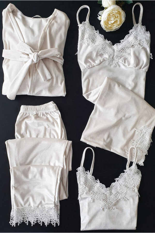 Ekru 4 lü Güpür Detaylı Kadife Pijama Takımı 5913