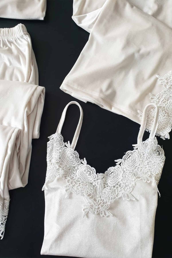 Ekru 4 lü Güpür Detaylı Kadife Pijama Takımı 5913