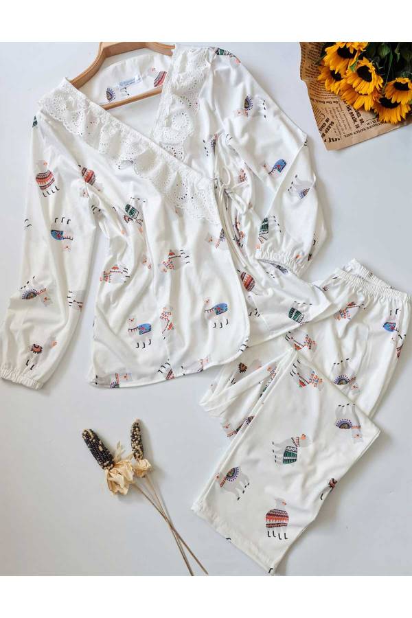 Ekru fisto dantel detaylı yandan bağlamalı vintage lama desenli pijama takım 6259 - 2