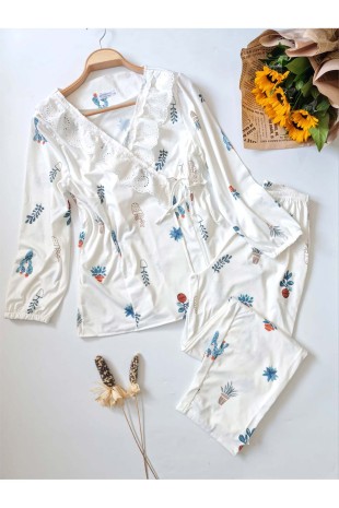 Ekru fisto dantel detaylı yandan bağlamalı vintage pijama takım 6258 - ÇeyizeDairHerşey