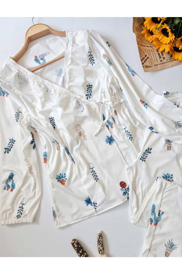 Ekru fisto dantel detaylı yandan bağlamalı vintage pijama takım 6258 - 2