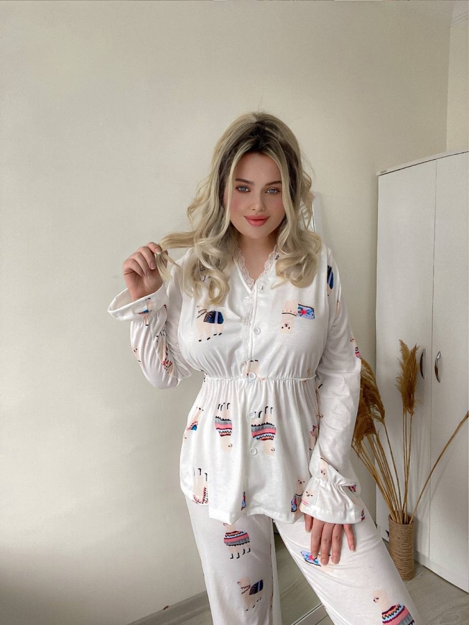 Ekru özel tasarım vintage önden düğmeli etnik desenli bayan pijama takımı 5844
