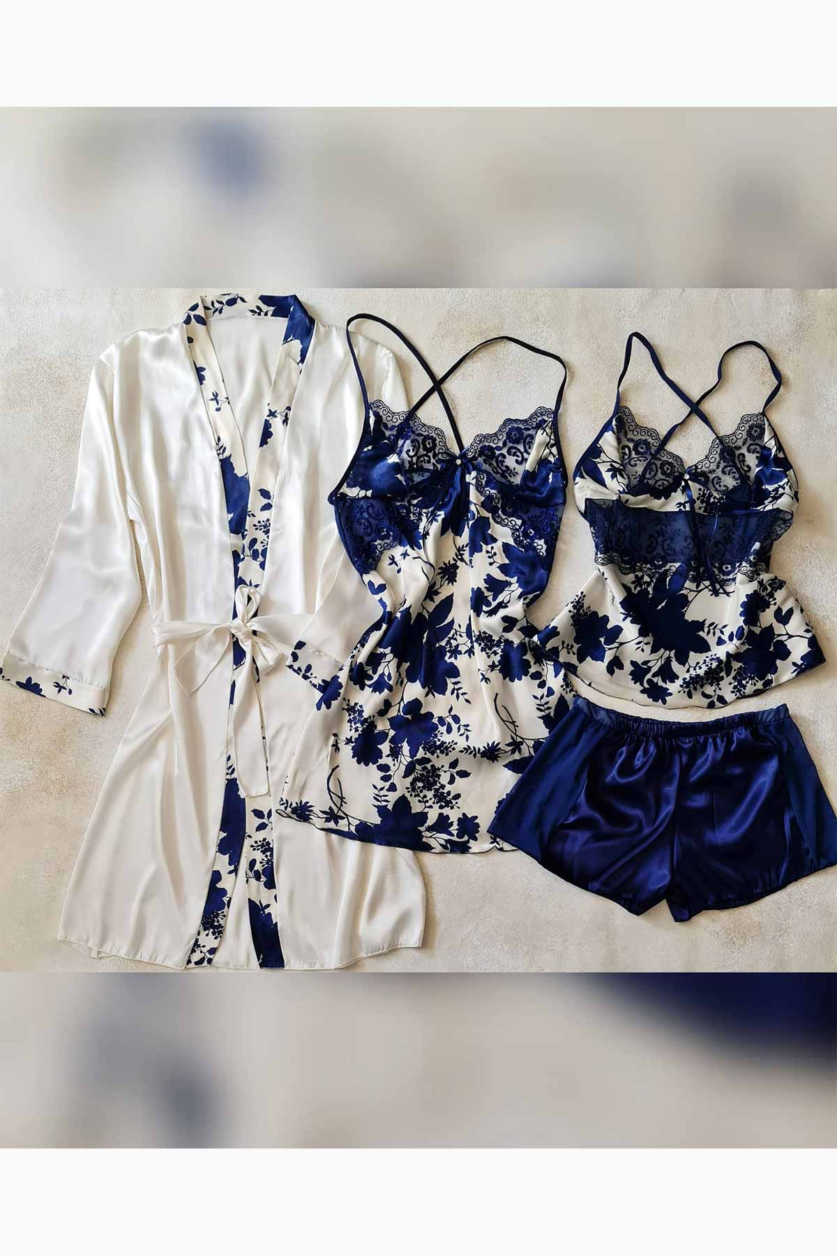 ÇeyizeDairHerşey - Lacivert çiçekli sabahlıklı 4 lü saten gecelik seti 6133