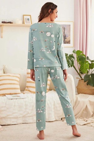 Moon uyku bandlı uzun kollu penye genç pijama takımı 6187 - Thumbnail