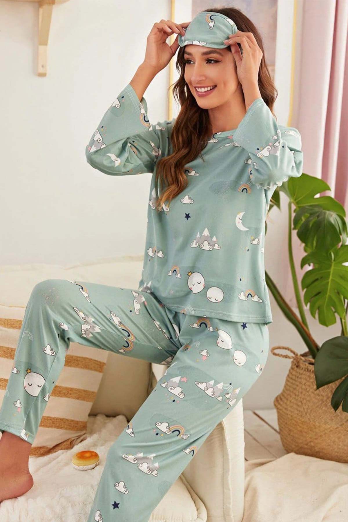 ÇeyizeDairHerşey - Moon uyku bandlı uzun kollu penye genç pijama takımı 6187